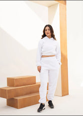 WOMEN WHITE POLAR FLEECE CROP HOODIE & JOGGER PANT CO-ORD SET