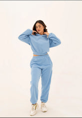 WOMEN SKY BLUE POLAR FLEECE CROP HOODIE & JOGGER PANT CO-ORD SET