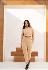 WOMEN KHAKI POLAR FLEECE CROP HOODIE & JOGGER PANT CO-ORD SET