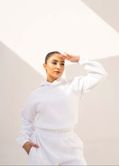 WOMEN WHITE POLAR FLEECE CROP HOODIE & JOGGER PANT CO-ORD SET