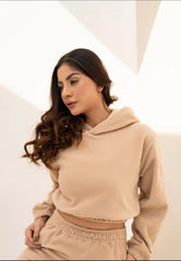 WOMEN KHAKI POLAR FLEECE CROP HOODIE & JOGGER PANT CO-ORD SET