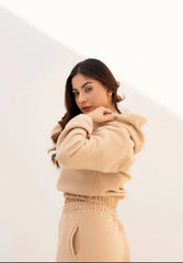 WOMEN KHAKI POLAR FLEECE CROP HOODIE & JOGGER PANT CO-ORD SET