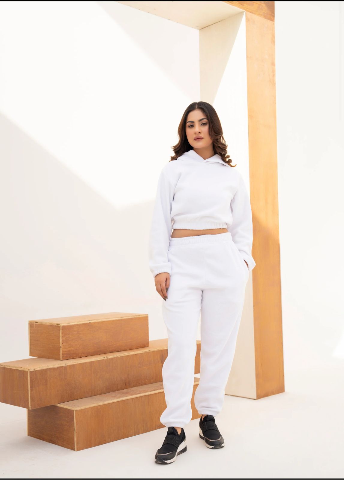 WOMEN WHITE POLAR FLEECE CROP HOODIE & JOGGER PANT CO-ORD SET