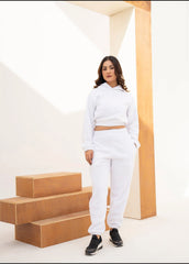 WOMEN WHITE POLAR FLEECE CROP HOODIE & JOGGER PANT CO-ORD SET