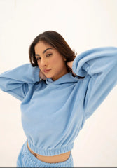 WOMEN SKY BLUE POLAR FLEECE CROP HOODIE & JOGGER PANT CO-ORD SET