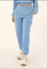 WOMEN SKY BLUE POLAR FLEECE CROP HOODIE & JOGGER PANT CO-ORD SET