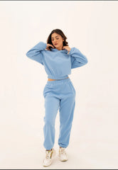 WOMEN SKY BLUE POLAR FLEECE CROP HOODIE & JOGGER PANT CO-ORD SET