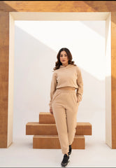 WOMEN KHAKI POLAR FLEECE CROP HOODIE & JOGGER PANT CO-ORD SET