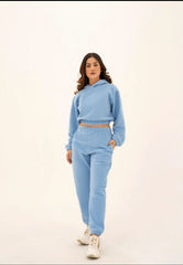 WOMEN SKY BLUE POLAR FLEECE CROP HOODIE & JOGGER PANT CO-ORD SET